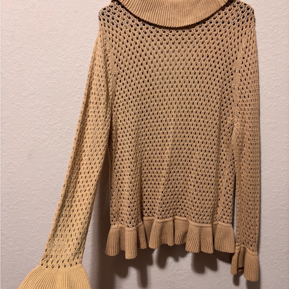 Vtg Pointelle Knit Cardigan XL Tan Ruffle Bell Sleeve Coquette Coastal Boho Doll - Picture 11 of 16